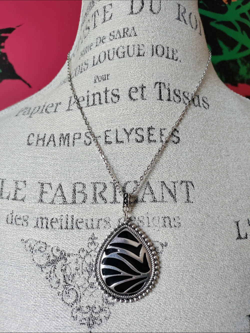 Silver Teardrop Black Enamel Pendant Necklace